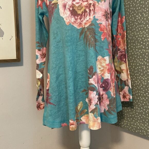 Soft Surroundings Turquoise Floral Print Lightweight Tunic Blouse Size Small - Picture 3 of 8